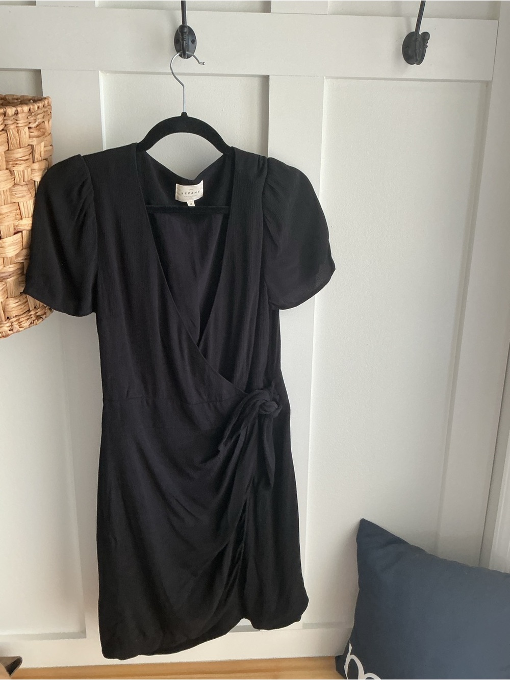 Sezane Black Wrap Midi Dress with Tie Waist